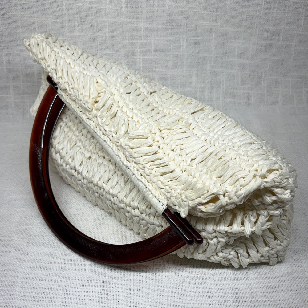 White Rafia Woven Handbag with Brown Plastic Resin Handles made in Italy